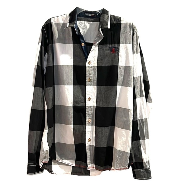 Black and white mens button down with red threading - Picture 1 of 5
